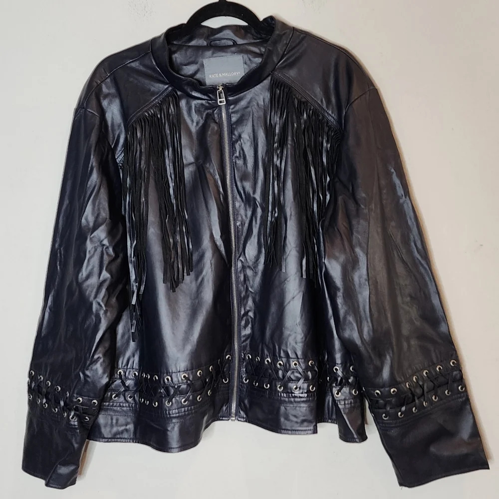 Kate & Mallory Vegan Leather Navy Blue fringe lace up zip jacket. Women's 3X